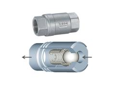 A spring check valve, using a ball closure